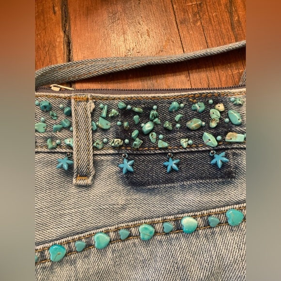Boho Chic CROSSBODY HANDBAG Upcycled Blue Jean  Turquoise Embellishments NEW! - Picture 4 of 8